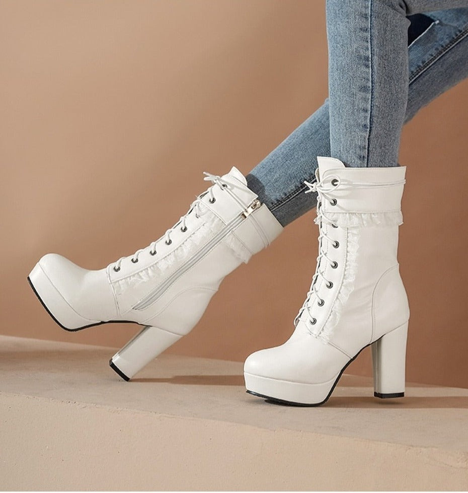 flowersverse Autumn Winter Short Boots For Women High Hoof Heels Lace-Up Ankle Strap Buckles Female Ankle Boots Fashion Ruffles
