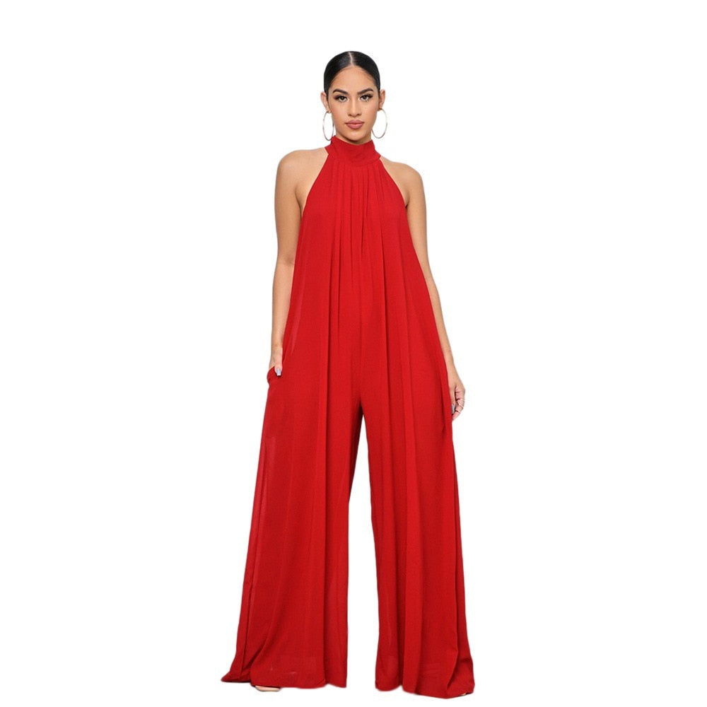 flowersverse Women  Sleeveless High Neck Fashion Sexy Solid Color Casual Chiffon Loose Temperament One-Piece Pants Jumpsuit