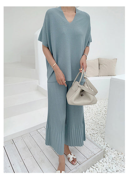 Summer Korean Fashion Casual Knitted Two Piece Set Women Loose Pullover Sweater Tops + Wide Leg Pants Suits Knitwear 2 Piece Set