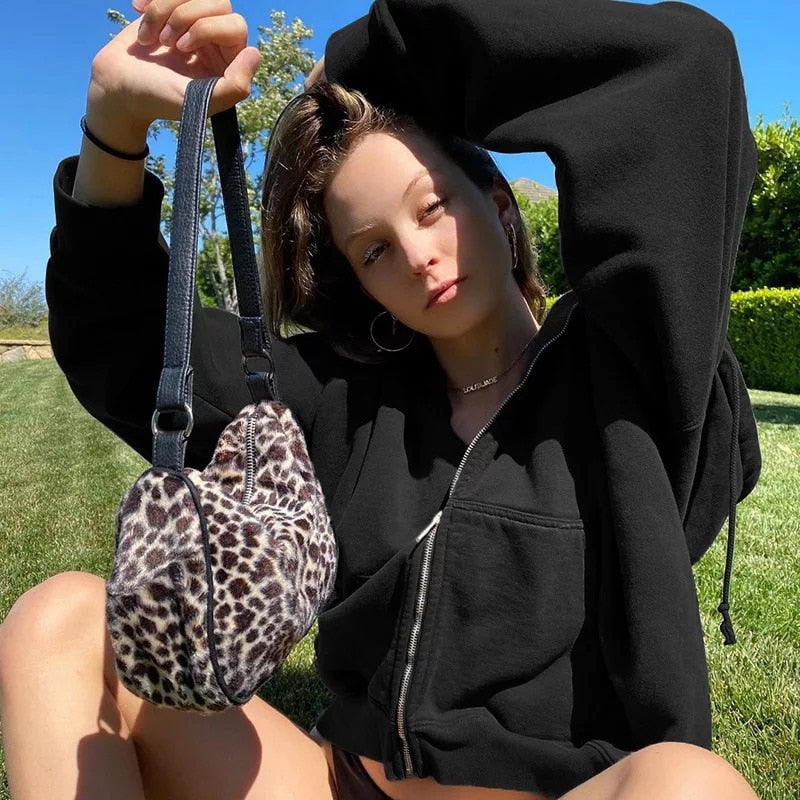 flowersverse BiggOrange Brown Zip Hooded Sweatshirt Winter Jacket Top Oversized Hoodie Retro Pocket Woman Clothes Long Sleeve Pullover