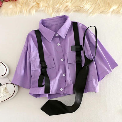flowersverse  Spring Streetwear Pants High-Waist Straight Ribbon Cargo Pants Student Loose Short-Sleeved Shirt with Tie two-piece Set