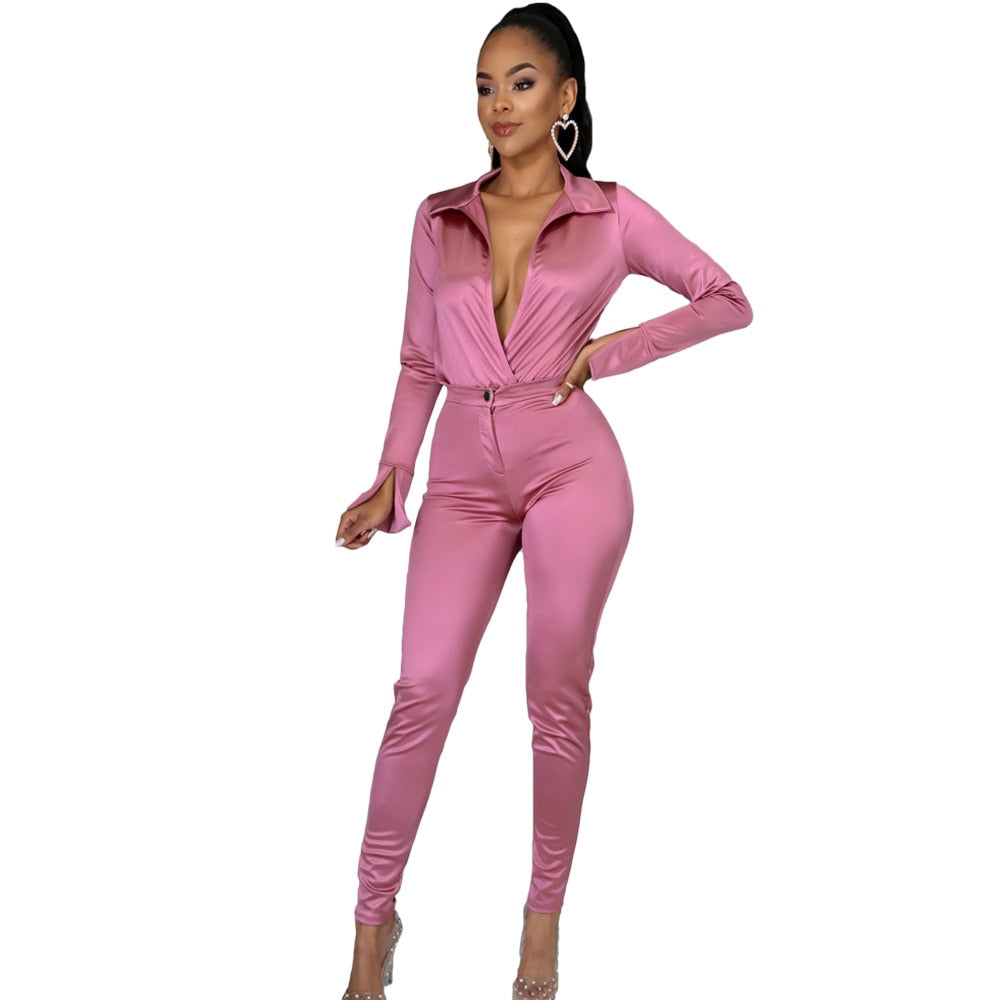 Woman OL satin Suit Solid Color Long Sleeve V Neck lapel Short Jumpsuit+pencil pants Tracksuit S-2XL 15Color