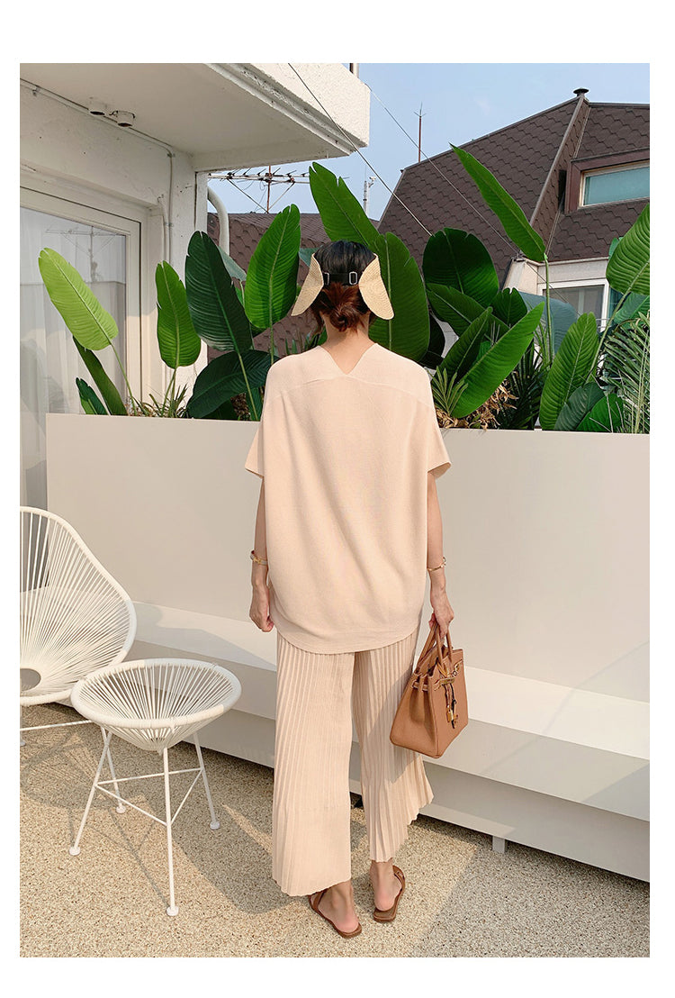 Summer Korean Fashion Casual Knitted Two Piece Set Women Loose Pullover Sweater Tops + Wide Leg Pants Suits Knitwear 2 Piece Set