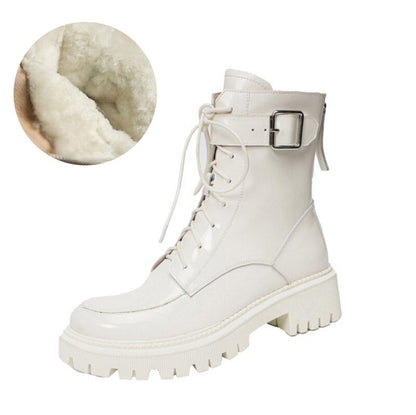 flowersverse Winter Genuine Leather Women Boots Fur Warm  Boots Snow Boots Zippe Lace-Up Platform Boots Black Motorcycle Boots Shoes