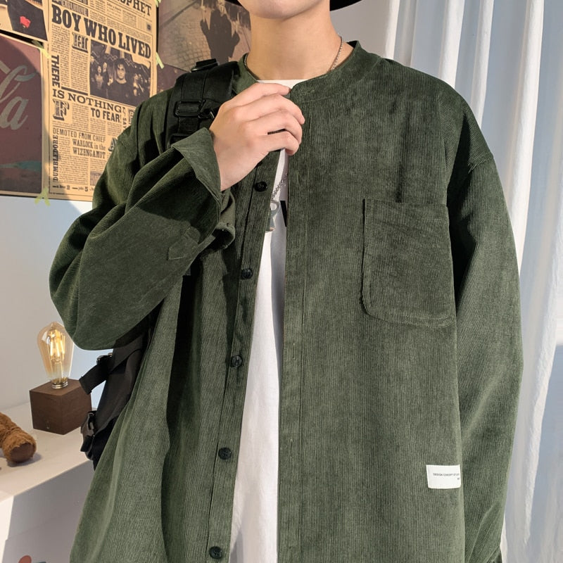 flowersverse Oversized Men Solid Corduroy Shirt Long Sleeve  Mens Pocket Streetwear Shirts Male Korean Fashions Black Shirt 5XL