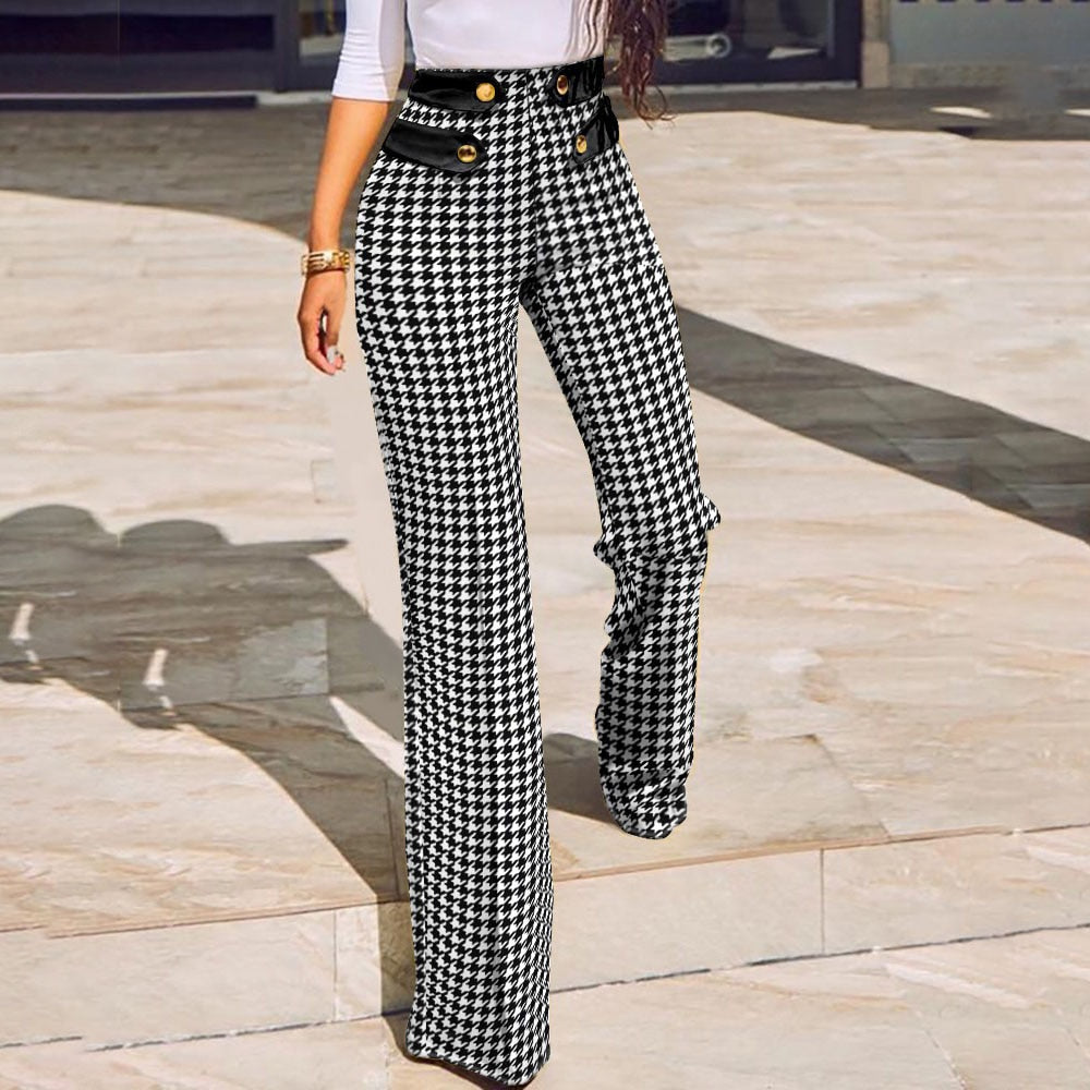 flowersverse Women Buttoned High Waist Wide Leg Tailored Pants Spring Casual Ladies Plaid Long Pencil Pants Elegant Trousers Overalls