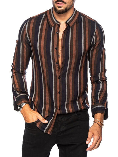 flowersverse Spring and summer new men's striped shirt Slim multi-color lapel men's casual long-sleeved shirt youth men's clothing