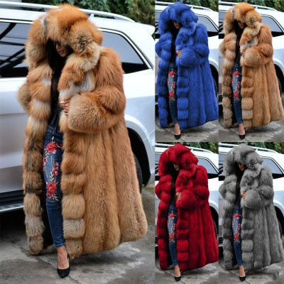 flowersverse flowersverse Fashion Long Winter Hooded Faux Fur Coat Loose Thick Warm  Artificial Fur Jacket Women Full Sleeve Outerwear Coats