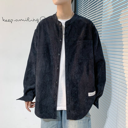 flowersverse Oversized Men Solid Corduroy Shirt Long Sleeve  Mens Pocket Streetwear Shirts Male Korean Fashions Black Shirt 5XL