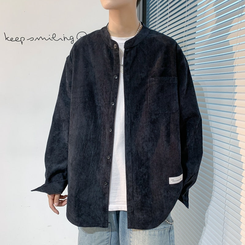 flowersverse Oversized Men Solid Corduroy Shirt Long Sleeve  Mens Pocket Streetwear Shirts Male Korean Fashions Black Shirt 5XL