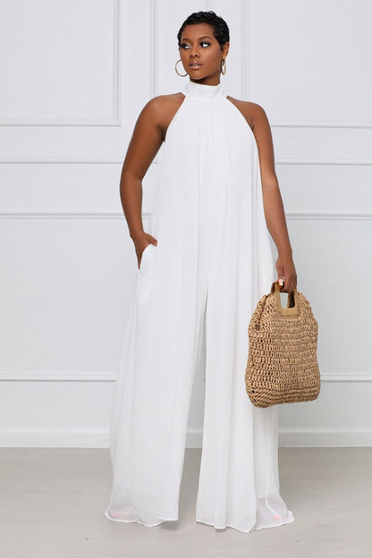 flowersverse Women  Sleeveless High Neck Fashion Sexy Solid Color Casual Chiffon Loose Temperament One-Piece Pants Jumpsuit