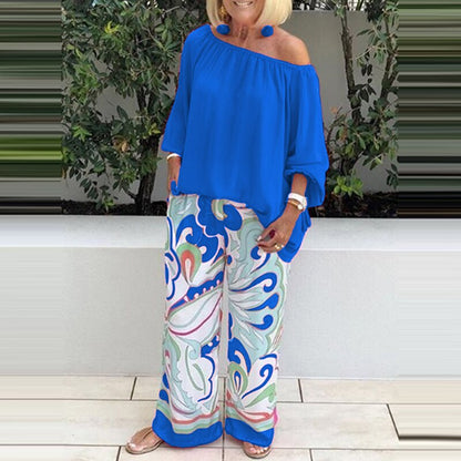 flowersverse Summer Women Casual Printed Slash Neck Long Sleeves Two-piece Suit Loose T-shirt Wide Leg Pants Suit Elegant Slim Home Party Set