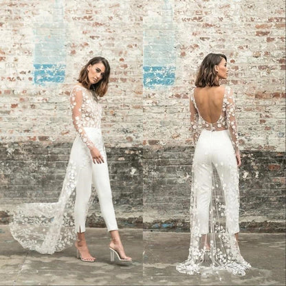 flowersverse Sexy Open Back Pant Suit Wedding Party Bride Gowns Applique Lace Long Sleeves pants suit wedding Dress  Cheap Formal Dress
