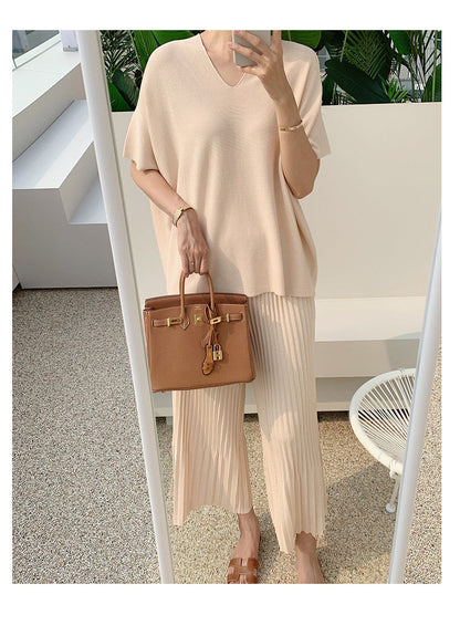 Summer Korean Fashion Casual Knitted Two Piece Set Women Loose Pullover Sweater Tops + Wide Leg Pants Suits Knitwear 2 Piece Set