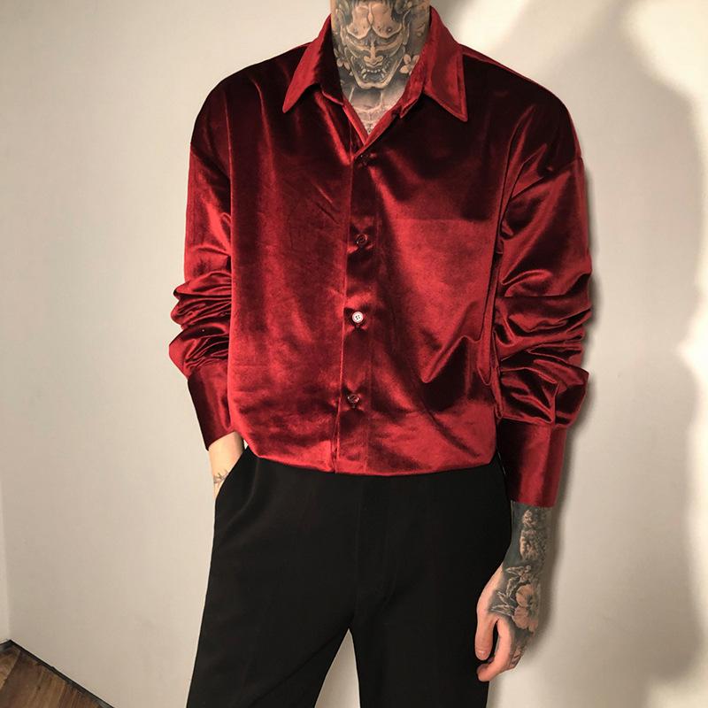 flowersverse Velvet Red Luxury Clothes For Mens Burgundy Velour Shirts Mens Retro Elegant Plush Blouse Black Mens Shirts Unusual Party Club