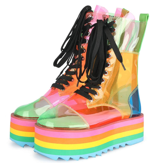 Black Friday Amozae  New Platform Rainbow Boots Fashion Transparent PU Boots Sweet Girl Platform Shoes Super High Heel Candy Colors Sneakers Women