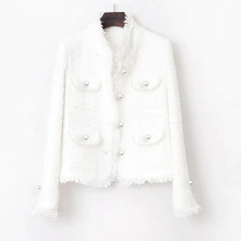 flowersverse tweed jacket White Pearl inlaid pocket autumn /winter women's jacket new slim slimming tweed ladies jacket coat