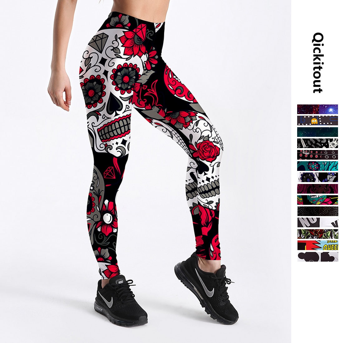 Qickitout 12% Spandex Fashion Cartoon Ice Cream God Horse Skull Digital Printed Legging Womens Star Stretch Pants