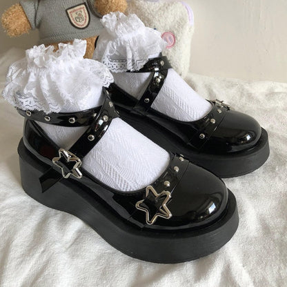 flowersverse - Lolita Shoes Gothic Chunky Star Buckle Mary Jane Shoes Cute Platform Cross-Tied Wedges Loli Thick Heel Casual Shoes Cosplay