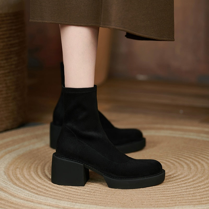 flowersverse Stretch Flock Women Boots Winter Fashion Slip-On Round Toe Chunky Heel Ankle Boots Handmade Women Shoes Platform Stretch Boots