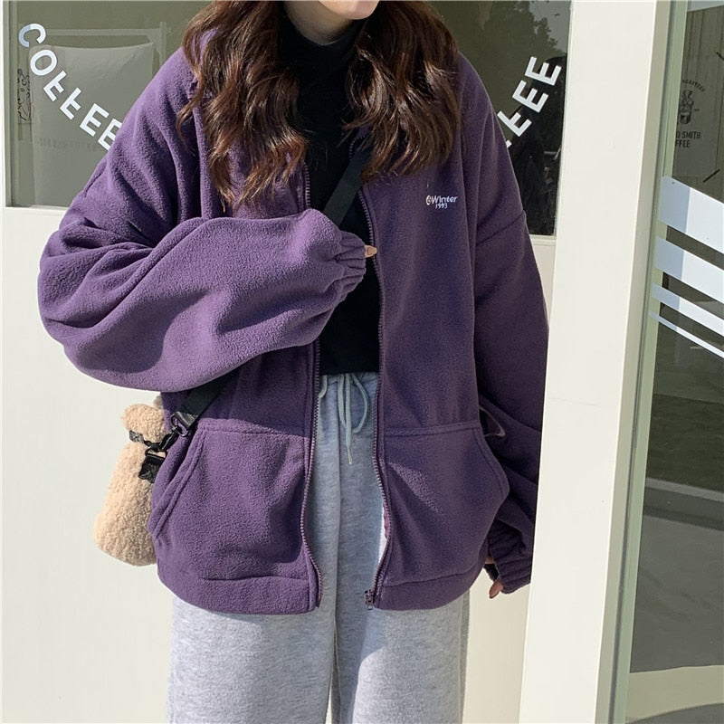 flowersverse Women Plus Fleece Hoodies Autumn Streetwear Zip-up Oversize Sweatshirt Jacket Trendy Solid Pocket Turn-down Collar Women Outwear