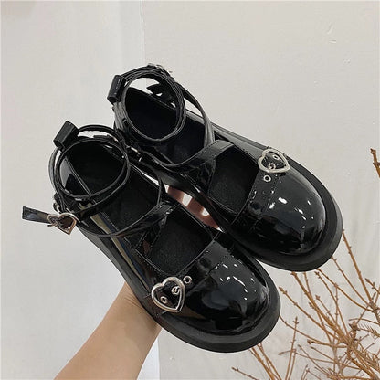 flowersverse - Lolita Shoes Gothic Chunky Star Buckle Mary Jane Shoes Cute Platform Cross-Tied Wedges Loli Thick Heel Casual Shoes Cosplay