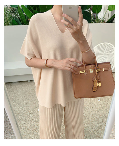 Summer Korean Fashion Casual Knitted Two Piece Set Women Loose Pullover Sweater Tops + Wide Leg Pants Suits Knitwear 2 Piece Set