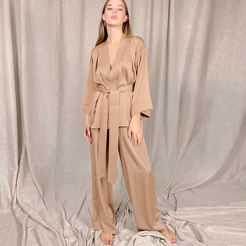 Solid Color Sleepwear Loose Flare Home Pants Three Quarter Sleeve Satin Robe Sets Bathrobe For Women Pajama Fashion Spring