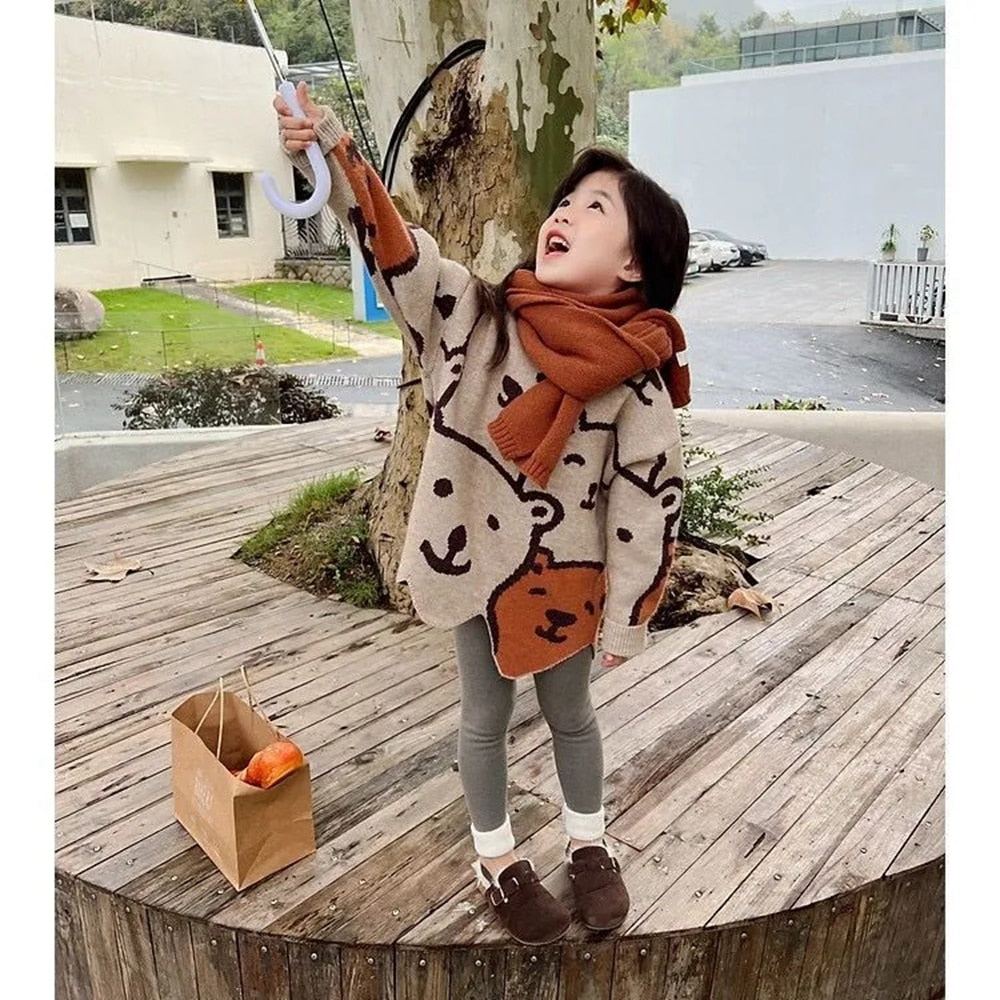 flowersverse Autumn Kids Knitted Print Panda Sweater For Girls Irregular O Neck Christmas Sweater Toddler Baby Pullover Sweaters Coat 6 8 12