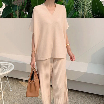 Summer Korean Fashion Casual Knitted Two Piece Set Women Loose Pullover Sweater Tops + Wide Leg Pants Suits Knitwear 2 Piece Set