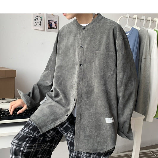 flowersverse Oversized Men Solid Corduroy Shirt Long Sleeve  Mens Pocket Streetwear Shirts Male Korean Fashions Black Shirt 5XL