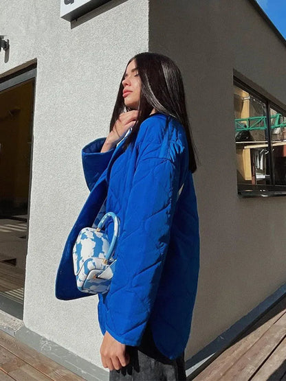 flowersverse Winter Blue Oversize Puffer Jackets for Women Casual Fashion Warm Cotton Button Down Quilted Coat and Jacket Loose