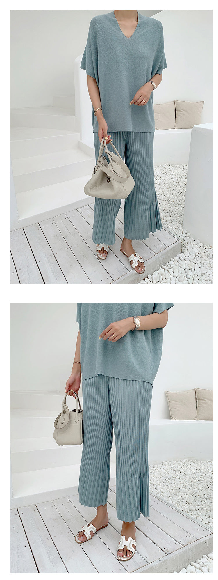 Summer Korean Fashion Casual Knitted Two Piece Set Women Loose Pullover Sweater Tops + Wide Leg Pants Suits Knitwear 2 Piece Set