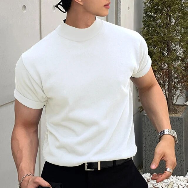 flowersverse Men's Korean Version Base Shirt Comfort Fashion Solid Color High Neck Short Sleeved T-shirt Casual Male Clothing Tees Streetwear