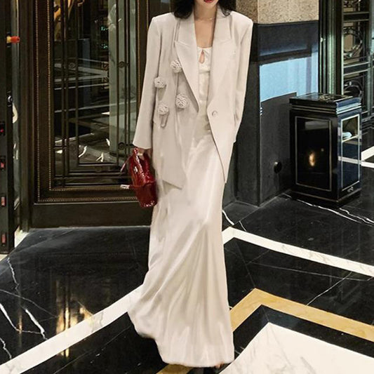 2025 Premium sense satin blazer women's spring  loose thin suit dress set