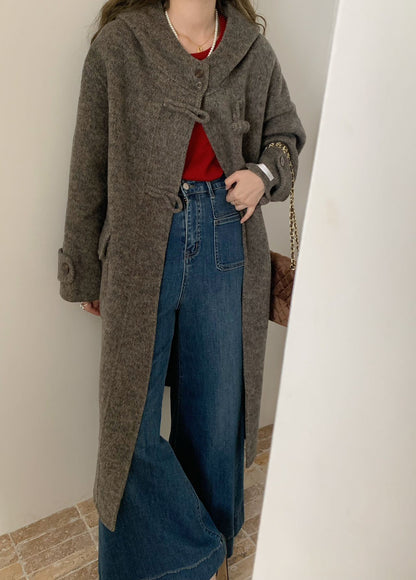 2025 Hooded disc buckle solid color extended double-sided wool coat woolen casual loose coat women's warm autumn and winter