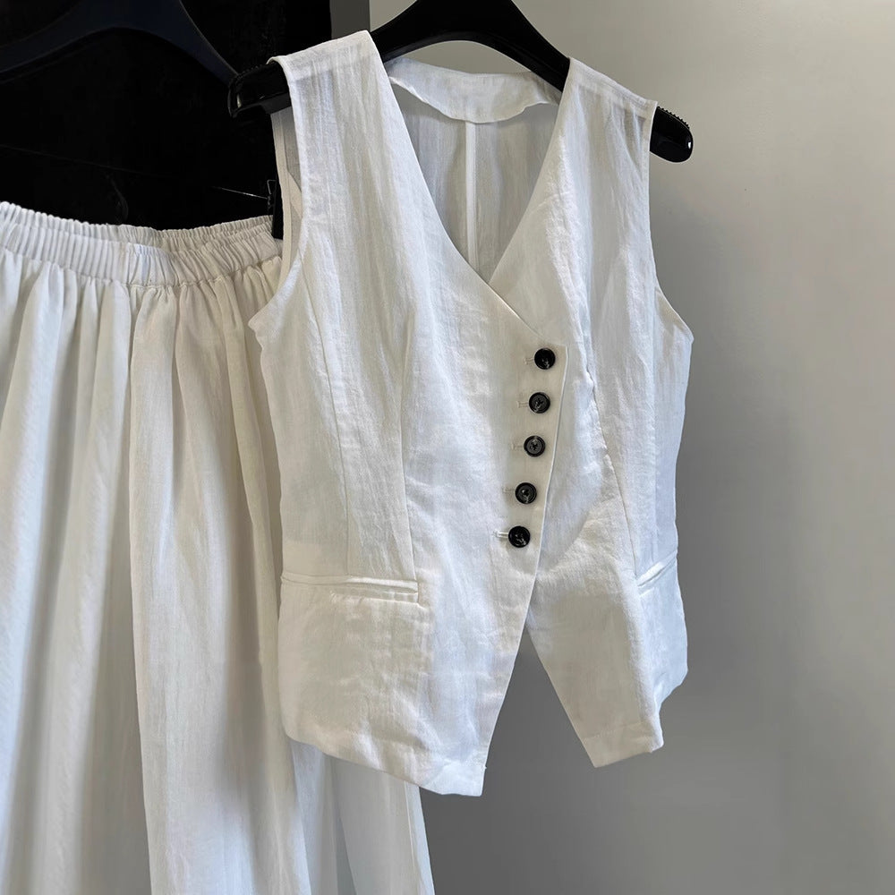 2025 spring and summer designer minimalist old money style suit, linen V-neck vest vest + elastic pendulum skirt