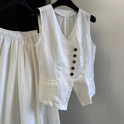 2025 spring and summer designer minimalist old money style suit, linen V-neck vest vest + elastic pendulum skirt