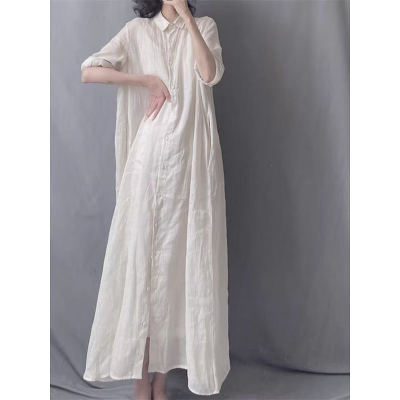 Solid color simple literary and retro loose large size temperament elegant temperament versatile lapel nine-quarter sleeve shirt dress