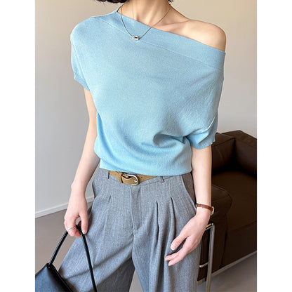 2025  Spring New Korean Loose Lazy Slack One-word Shoulder Slash Shoulder Top Knitted Sweater Women 166
