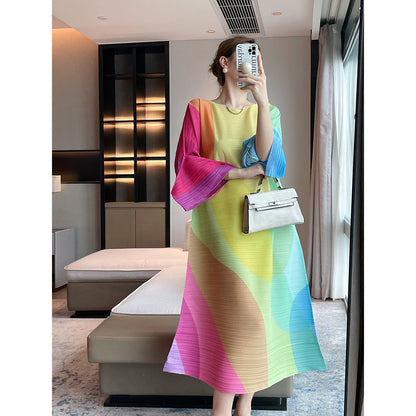 autumn Miyake new fashionable geometric printing pleated dress loose cover flesh and thin temperament long dress women