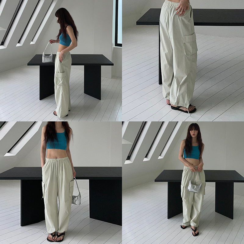 flowersverse Classic Wide Leg Workwear Casual Pants Women's  Summer New Retro Loose Slimming Elastic Waist Pants 91559