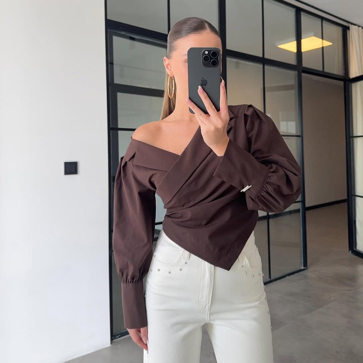 high-end light luxury summer solid color off-the-shoulder lapel lantern cuff waist design long-sleeved shirt