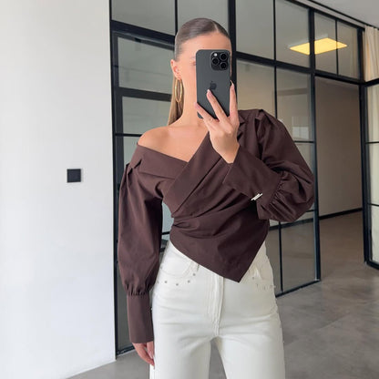 high-end light luxury summer solid color off-the-shoulder lapel lantern cuff waist design long-sleeved shirt
