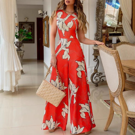 FLOWERSVERSE 2025 spring, summer and winter clothing temperament commuting red lazy wind printing cotton chiffon dress long high-waisted jumpsuit