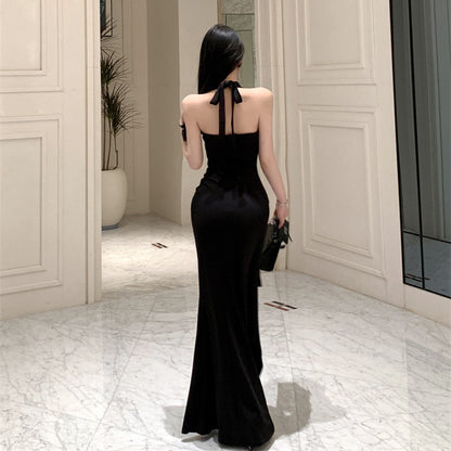 2025 Birthday dance neck dress women's Hepburn style high-end small gift dress holiday style slim and thin sexy long dress
