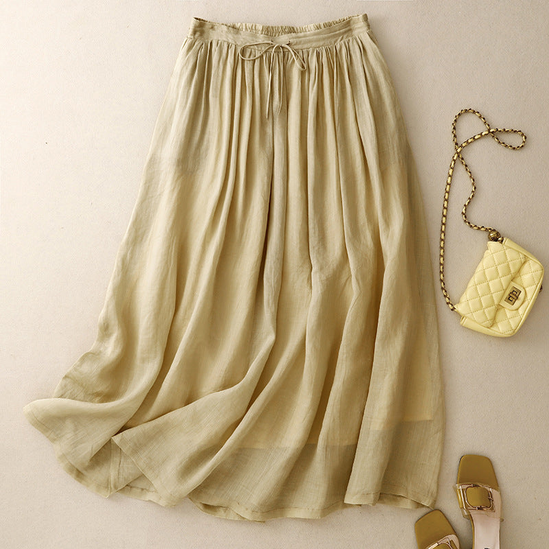 summer new literary and retro national style elastic waist cotton and linen loose and versatile yoga double-layer elegant skirt