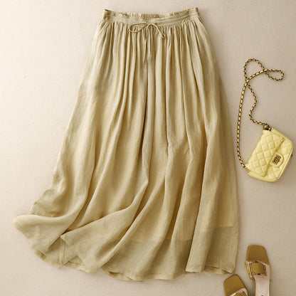 summer new literary and retro national style elastic waist cotton and linen loose and versatile yoga double-layer elegant skirt
