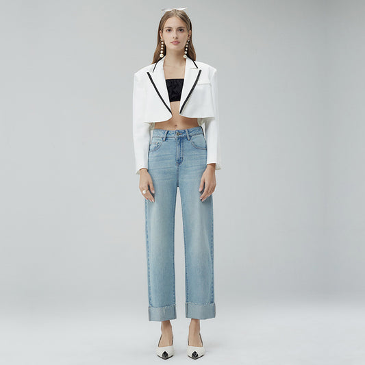 2025 Summer new Xinjiang long-staple cotton micro-elastic anti-wrinkle large-flanged women's clothing denim nine-point wide-leg pants straight-leg pants