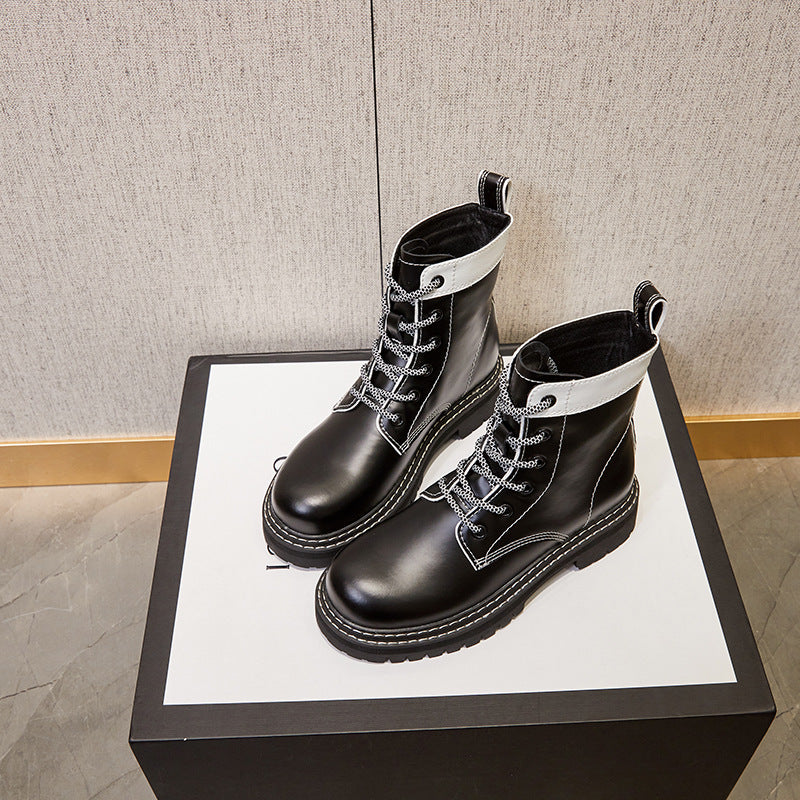 2025 autumn new white lace-up short boots thick-soled round-headed women's boots spring and autumn single boots Martin boots summer thin